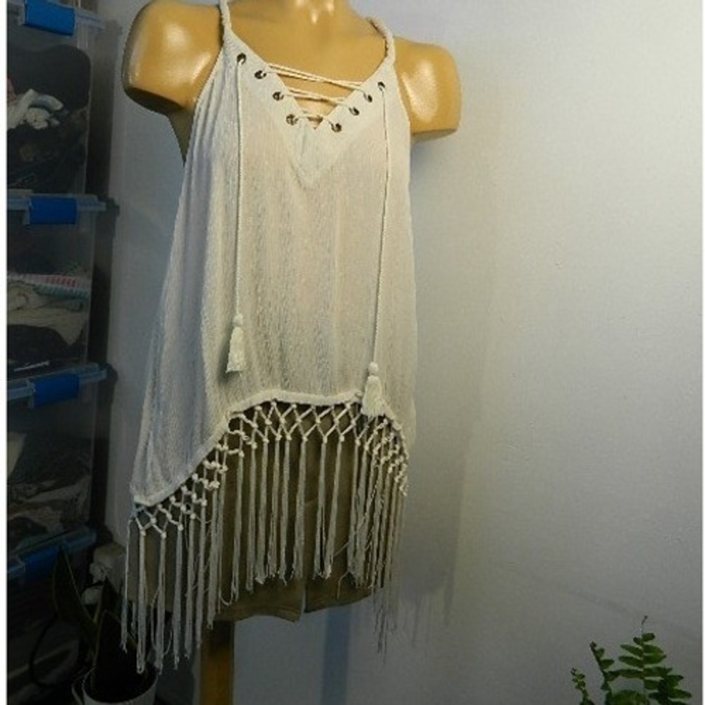 Maurices Tank Halter Top Women Small Ivory Boho Lace Up Rivets Macrame Fringe
